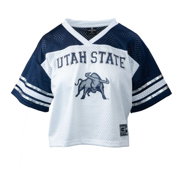 A jersey with Utah State on it and the Bull logo.